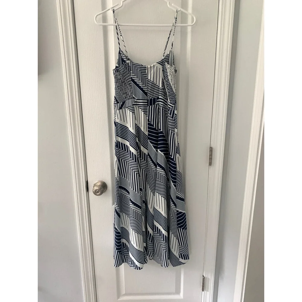 Yumi Kim Navy White Geometric Stripe Tie Front Midi Dress XS Pocket Smocked Back - Picture 12 of 13